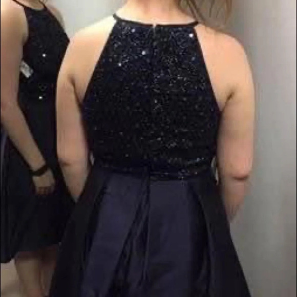 Navy Blue Sequins Halter Top Dress Prom Homecoming - Picture 3 of 3